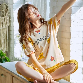 

GOGONI Women Pajama Set For Summer 2020 New Arrival Cotton Women Sleepwear Short Sleeva And Pants Fashion Women Nightgown GGN194