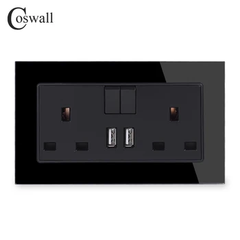 

COSWALL 13A UK Standard Switched Socket 2 USB Charge Port For Mobile Output 2.1A Wall Outlet Crystal Glass Panel Knight Black