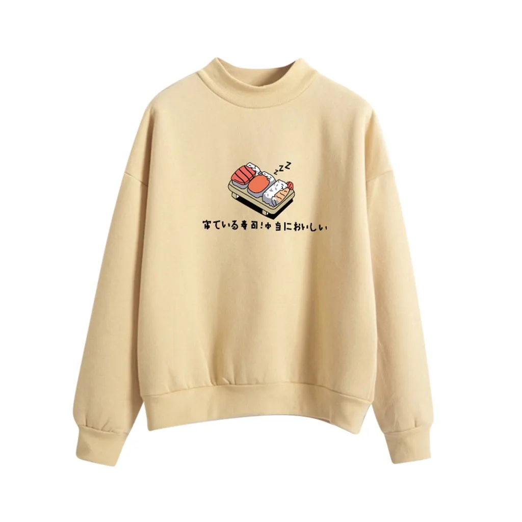 JAYCOSIN Fashion Women Casual Simple Sushi Printed Hooded Loose Sweatshirt Comfortable Soft Sweet Cute Pullover Top Blouse