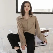 Vintage Shirts Women Fashion 2020 Spring Concise Blouse Casual Loose Shirt Tops Triangle Pocket Female Office Wear Solid Shirt