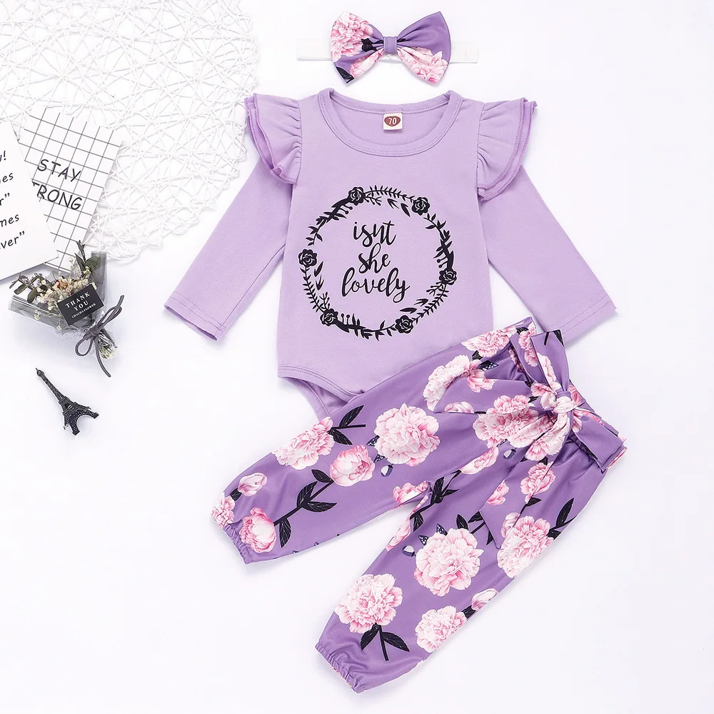 

Baby Girls Long Sleeve Printed Cute Outfits Casual Round Neck Ruffle Bodysuit Floral Print Pants Headband 3 Pcs Set D30
