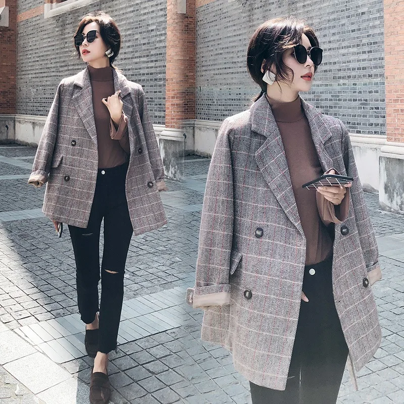 

Photo Shoot 2018 Autumn And Winter New Style Plaid Small Suit Double Breasted Woolen Cloth Woolen Jacket Women's