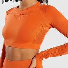 Безупречная трикотажная Женская Сексуальная короткая рубашка для йоги спортивная футболка с длинными рукавами быстросохнущая Талия футболка с длинными рукавами