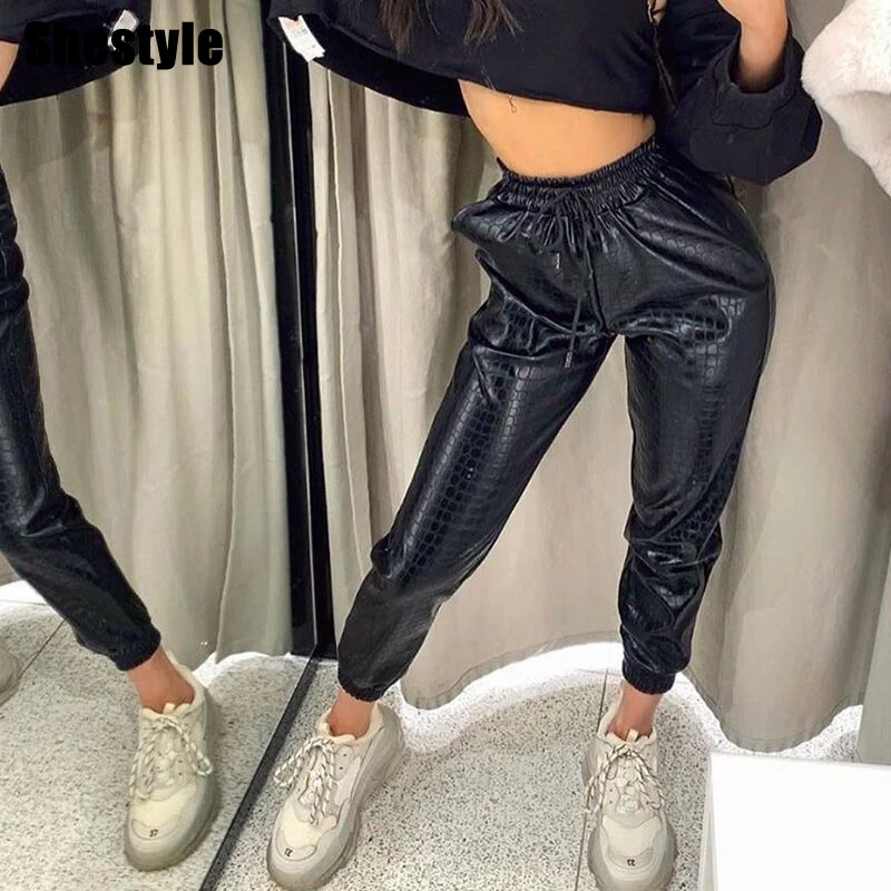 Shestyle 2019 PU Leather Crocodile Pattern Drawstring Jogger Pants Autumn Winter Women Fashion Streetwear Outfits Trousers Shestyle 2019 PU Leather Crocodile Pattern Drawstring Jogger Pants Autumn Winter Women Fashion Streetwear Outfits Trousers