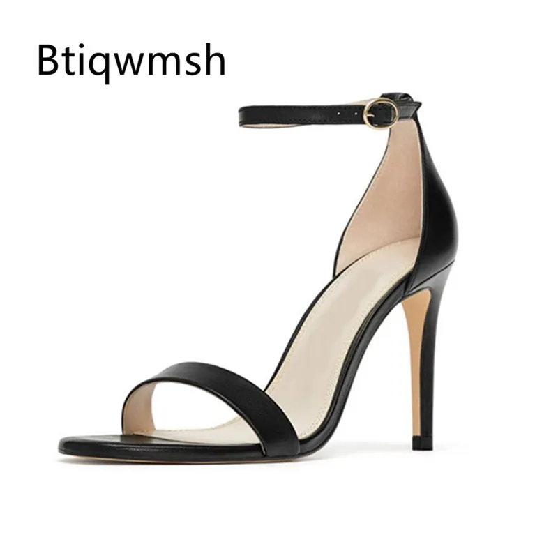 2019 Nudist Sandals Women Open Toe One Narrow Band Ankle Strap Black Red Real Leather High Heel Shoes Woman Sexy Party | Женская обувь