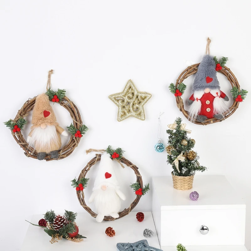 

Plush Gnome Rattan Wreath Christmas Garlands With Swedish Santa Tomte Front Door Wreaths For Home Kitchen Wall Window Hall Decor