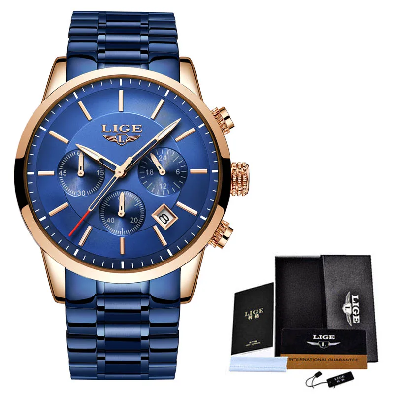 rose gold black Часы мужские люксовый бренд LIGE Бизнес Мужские часы со светящейся датой водонепроницаемые полностью Стальные кварцевые часы Relogio Masculino - Цвет: rose gold black