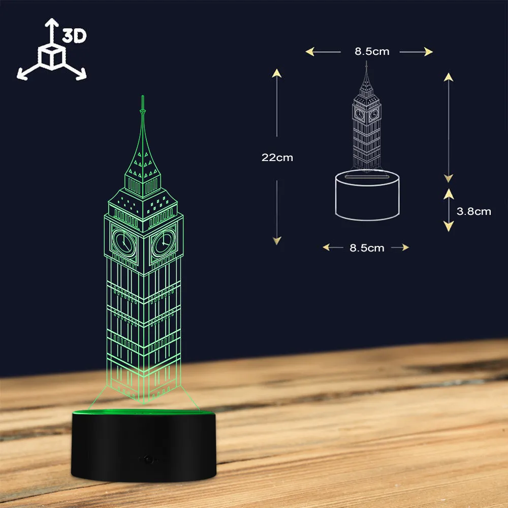 Биг-Бен всемирно известные памятники лампа с 3D оптической иллюзией, Лондон, Англия, Великобритания, хорошо известное декоративное освещение зданий