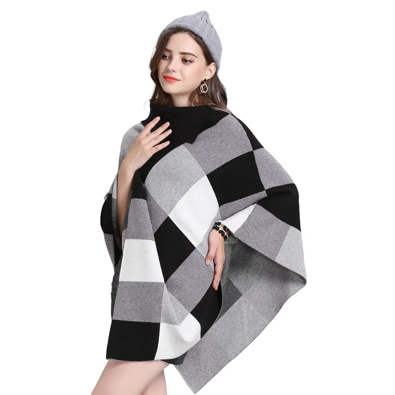 

2019 Turn Down Neck Big Plaid Sweater Winter Autumn Black Grey Cloak Knitted Long Plus Size Loose Poncho Women Out Wear Pullover
