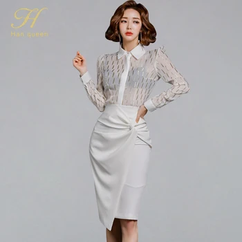 

H Han Queen Elegant White Sets Women OL Work Wear 2 Pieces Set Sexy Perspective Blouses & Irregular Sheath Pencil Bodycon Skirt