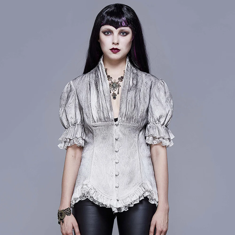 

Eva Lady Women's Gothic Printing Summer Blouses Sexy V-neck Lotus Leaf Lace Puff Sleeve Daily Shirt Top