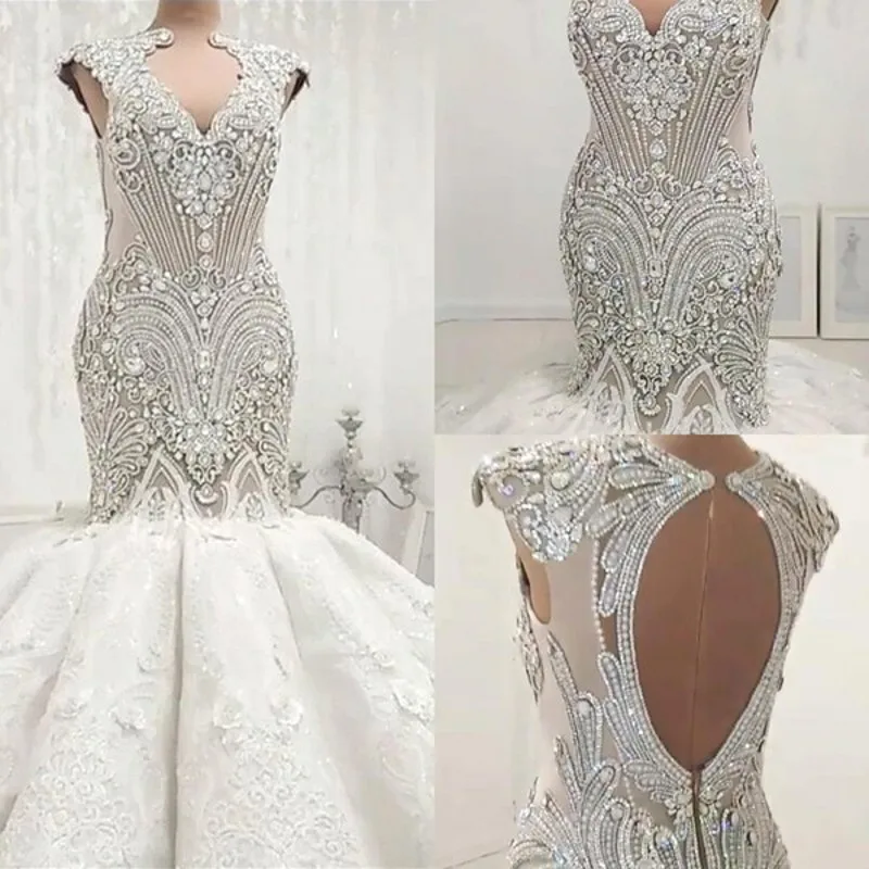 

Church Wedding Dresses Crystals Heavy Beads Sleeveless Robe De Soiree Back Hollow Long Bridal Gown Mermaid vestido de noiva