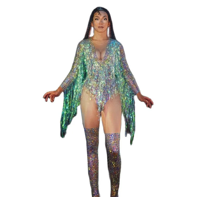 

Stage show Sparkly Sexy Bodycon Colorful Rhinestones Tassel Rompers Women Show girl Club Jumpsuits Playsuit Performance Wear