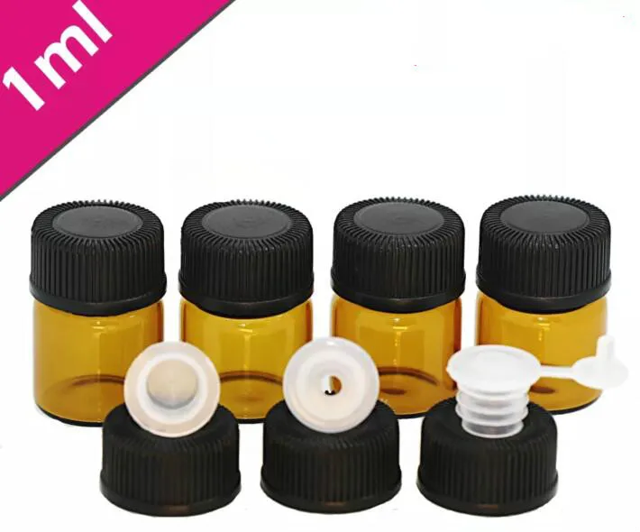 50PCS 1ml 미니 앰버 유리 빈 에센셜 오일 병 항아리 샘플 바이알 브라운 리필 가능 병(오리피스 리듀서 및 캡 포함)