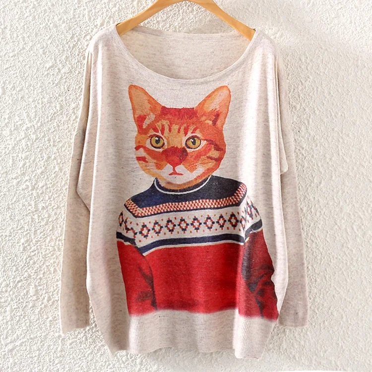 New 3D Cat Sweater Women Knitted Sweater Autumn Clothing Loose Knit Tops Pullover Jumper Casual Lightweight Tunic Sweaters