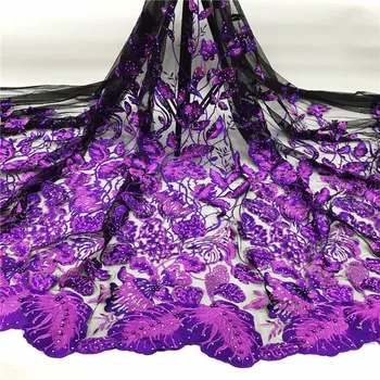 

Purple african lace fabric 2019 high quality lace french mesh fabric beaded stones nigerian net lace fabric for dress 5 yards
