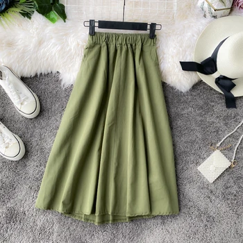 

Casual Korean Style Skirt Women Elastic Waist Plus Size Skirt Knee Length Womens Skirts Summer Fashion 2020 New Solid