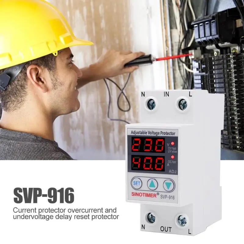 SVP-916 AC светодиодный экономично Регулируемая Защита от скачков напряжения реле предельная защита тока din-рейка стабилизатор напряжения