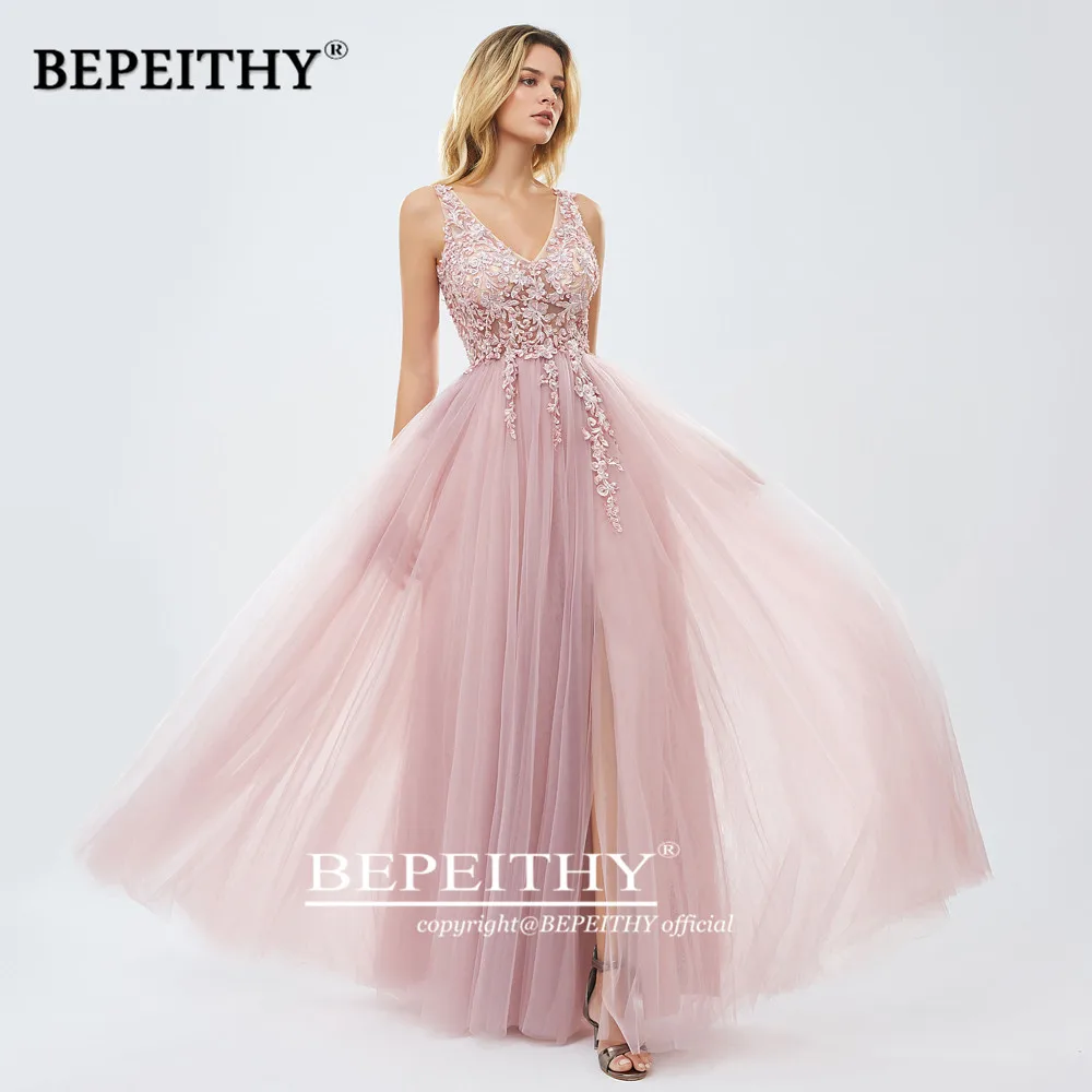 Günstig 2020 EIN linr Grau Lange Kleid Abendkleider Mit Schlitz Robe De Mariee Elegante Spitze Prom Party Kleid платье вечернее