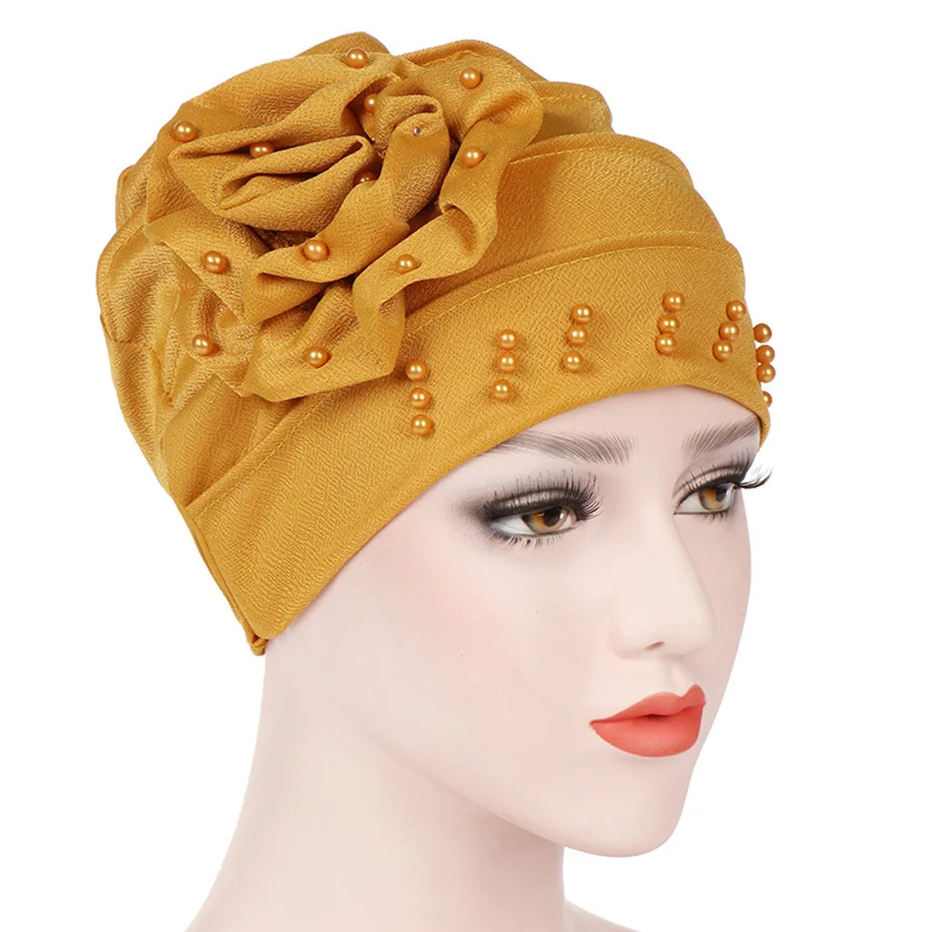 Новая женская шапка мусульманский Эластичный Тюрбан шляпа цветок бисером сплошной цвет головной платок, шарф# pingyou - Цвет: Yellow