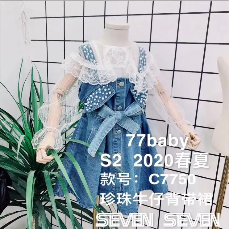 Новое джинсовое платье для девочек с оборками мода весна бисер жилет для девочки, платья От 4 до 9 лет C547