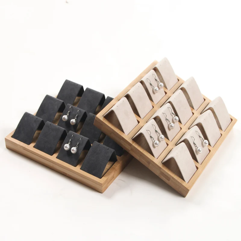 New  Storage Box Wooden Beads Organizer Box Wedding Earring Holder Beige Velvet Wood Tray Velvet Necklace Box Jewelry Display