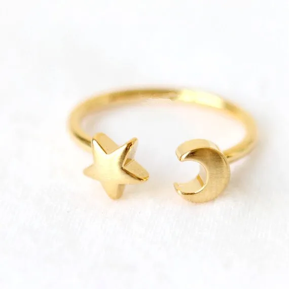 New Fashon Gold Silver and Rose Gold Plated Adjustable Crescent Moon and Tiny Star Rings for Women