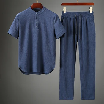 

JSBDHigh-end Chinese style two-piece set with wrinkled breathable fabric for men's summer sport suit with short sleeves