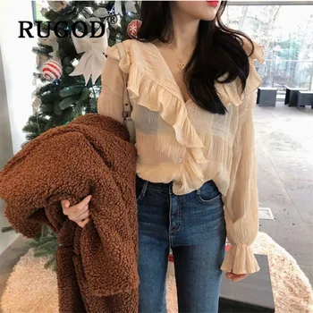 

RUGOD elegant v neck ruffle blouse women fashion sexy back less long flare sleeve spring blouse pleated shirt women tops kimono
