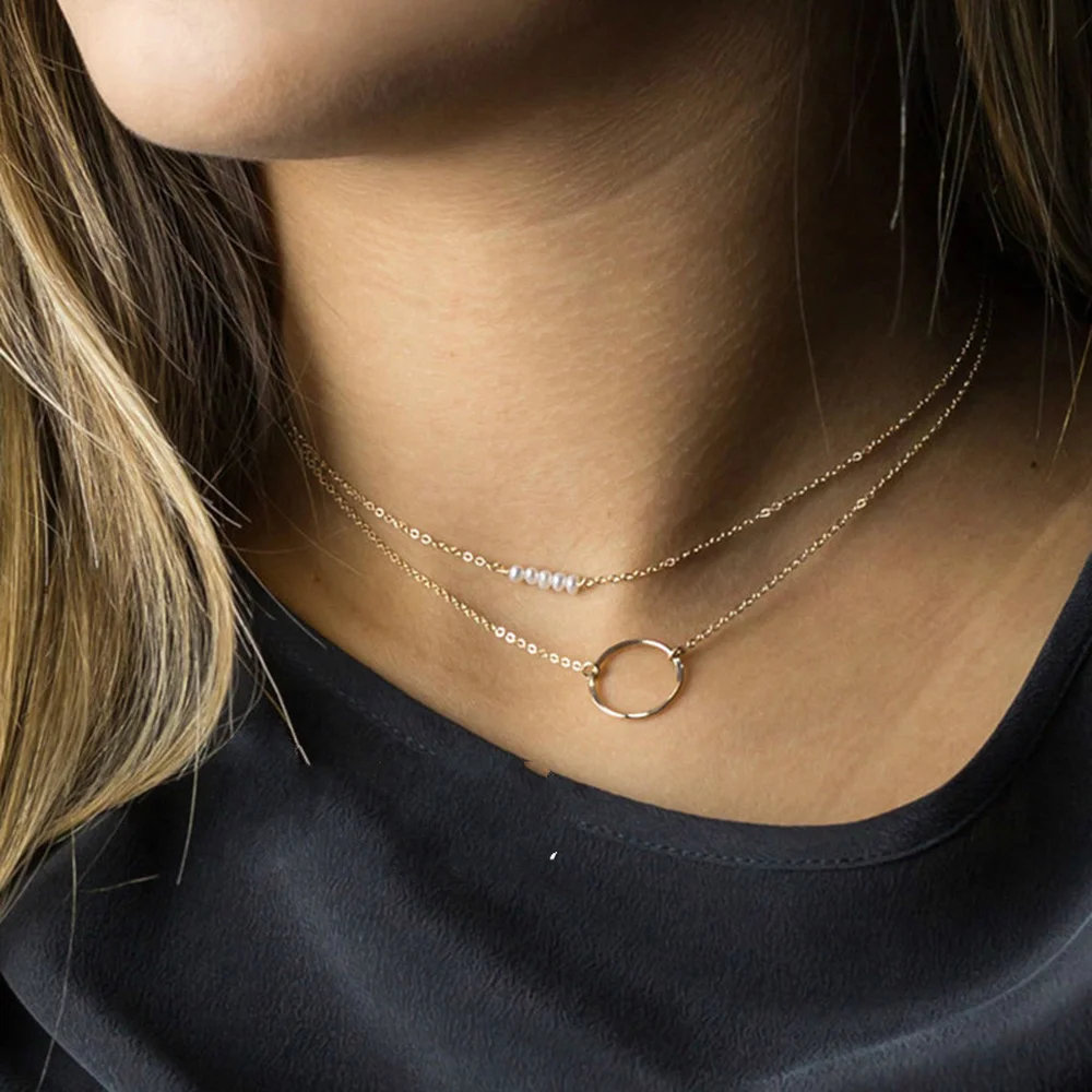 2 Set Crystal Pendant Gold Necklace for Women Stainless Steel Long Chain Imitation Pearl Choker Charm Friends Gifts | Украшения и