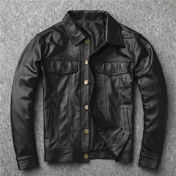 

The new autumn young handsome layer cow leather leather men's leather jacket lapel leisure coat popular logo
