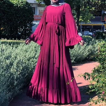 

Fashion Women Plus Size Abaya Jilbab Muslim Maxi Dress Solid Beletd High Waist Kaftan Chiffon Long Dress Islamic Clothings 2XL