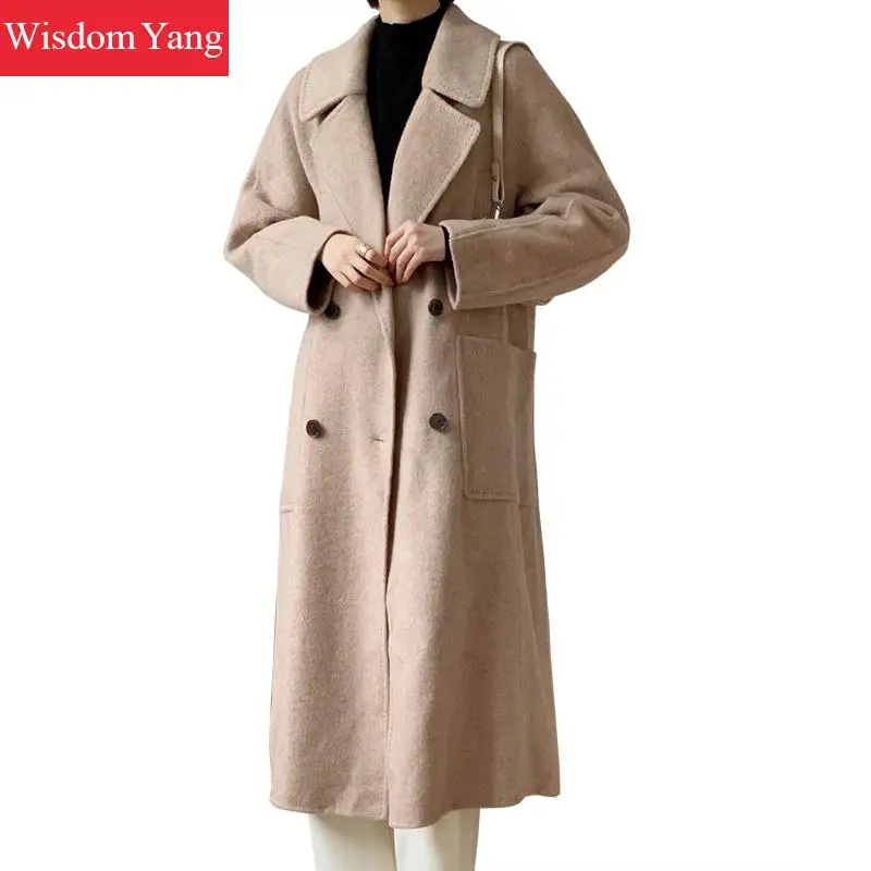

Winter Long Cashmere Coats Womens Sheep Wool Fleece Black Camel Yellow Woolen Plus Size Outerwear Overcoat Woollen Korean Coat