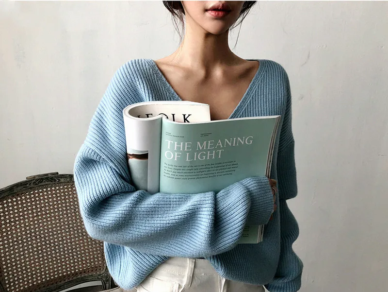 

2021 New Autumn Winter Women Pullover Sweaters Female Casual V-neck Loose Chic Knitting Irregular Hem Long Sleeve Warmth Jumpers