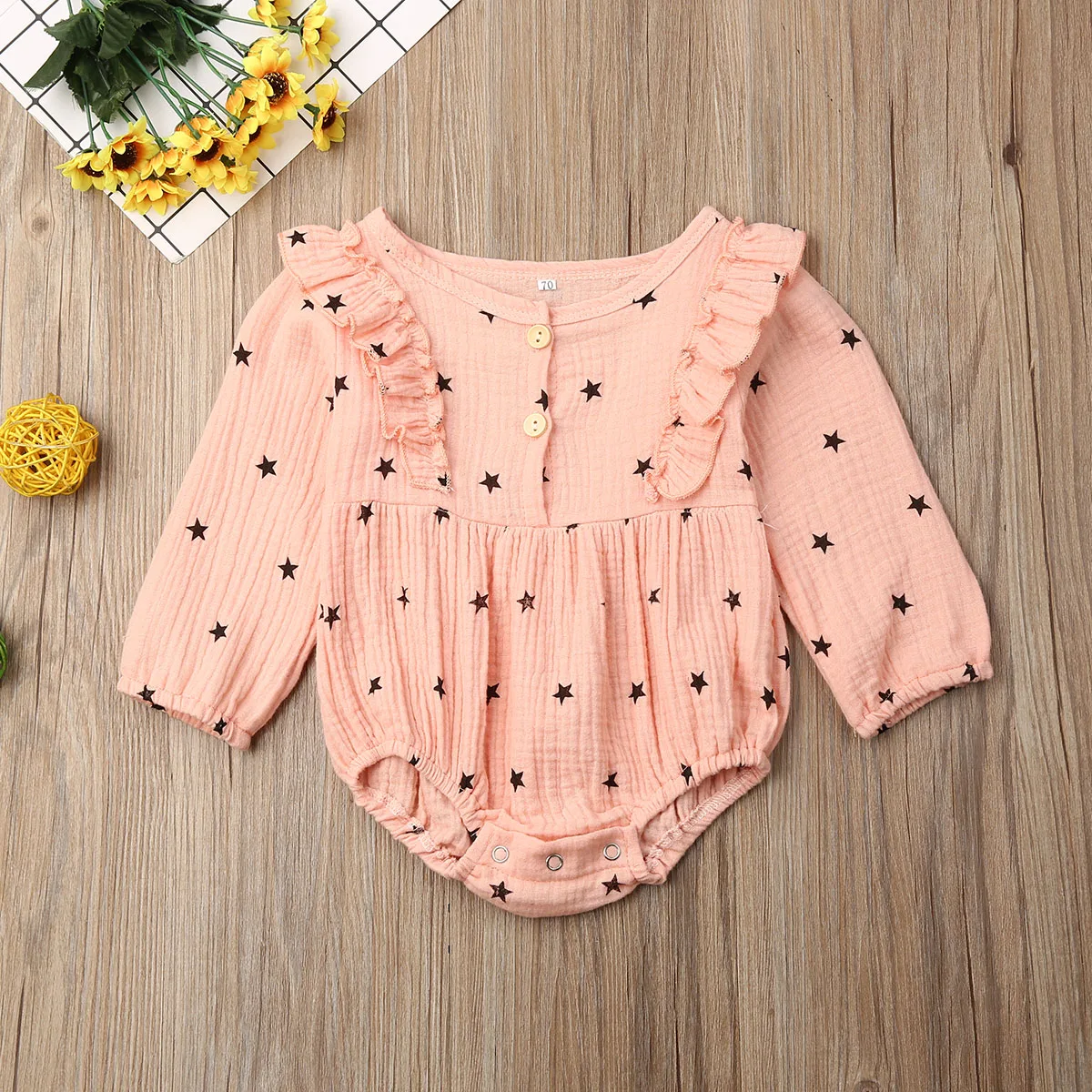 Повседневные боди для новорожденных девочек; хлопковая одежда с оборками для малышей; боди с длинными рукавами и рисунком звезды; комбинезон; одежда для детей