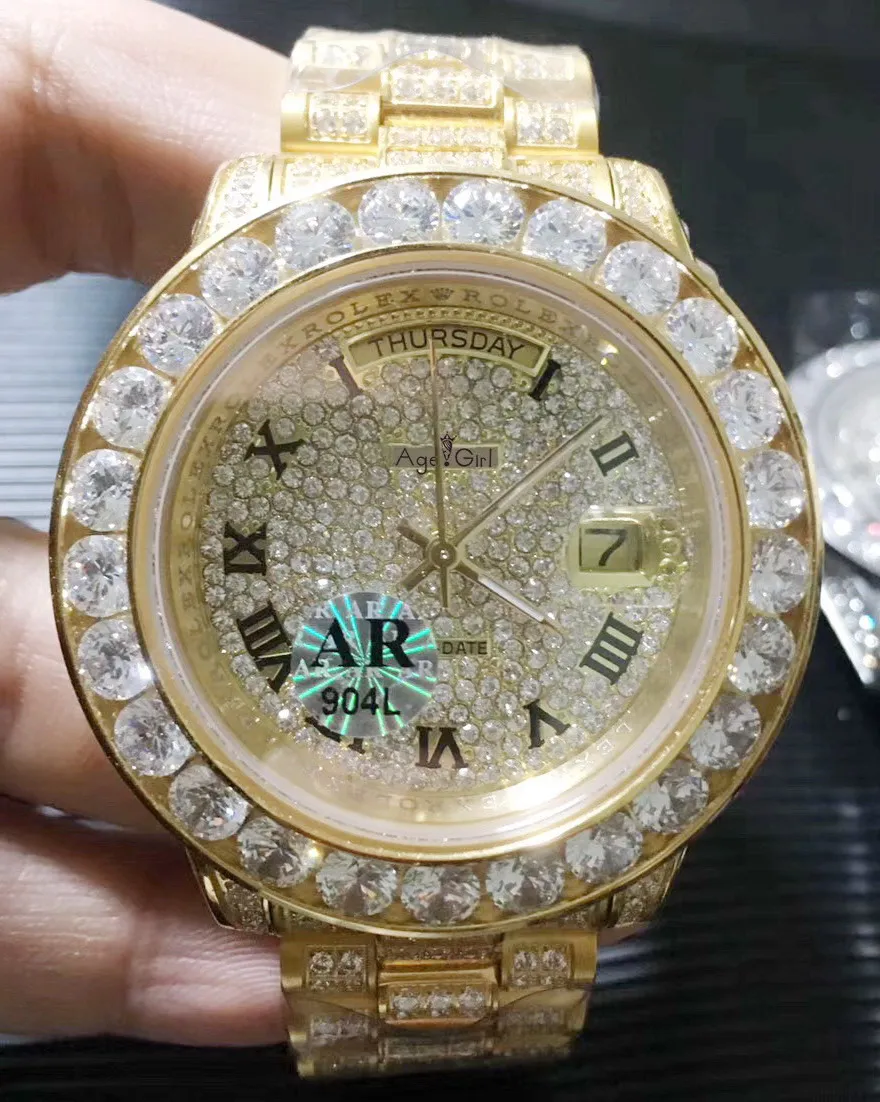 

Luxury Brand New Men Silver Gold Rome Daydate Iced Diamond Bracelet Automatic Mechanical Stainless Steel Sapphire Watch 44mm