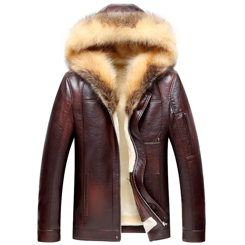 VSD New Winter Thicken Leather Jacket Men Raccoon Fur Collar Hooded Leather Jackets and Coats Casual Long Windproof Jacket Male