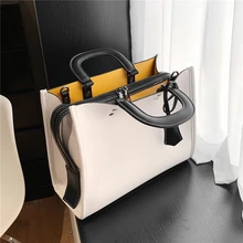 

Color Contrast Grained Soft PU Leather Double Handle Tote Bags For Women Luxury Brand High Quality Ladies Shoulder Crossbody Bag
