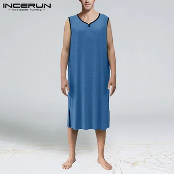 

INCERUN Summer Men Sleepwear Robes Sleeveless V Neck Solid Loose Soft Bathrobe Comfortable Breathable Homewear Mens Nightgown