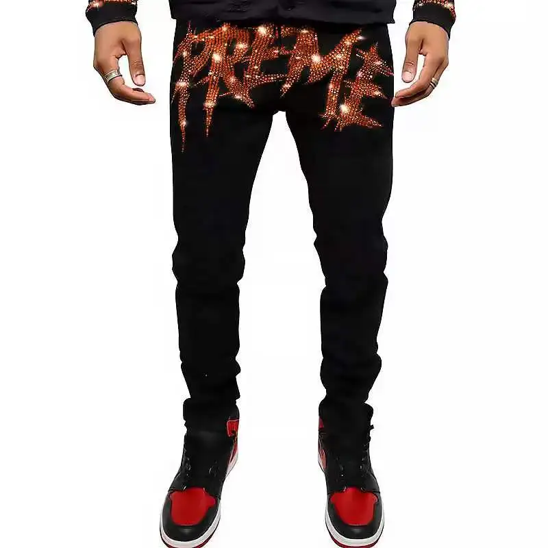Men's Stretchy Ripped Skinny Black Jeans Hip Hop Slim Hole Moto Trousers Letter Rhinestones Streetwear Punk Denim Pencil Pants