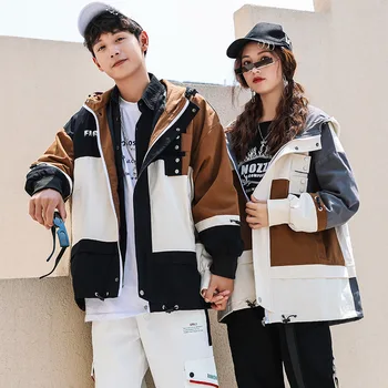 

Men Women Couple Jacket 2020 Spring Autumn New ins Plus Size Coat Couple Hat Loose Student Workwear Patchwork Men's Jacket