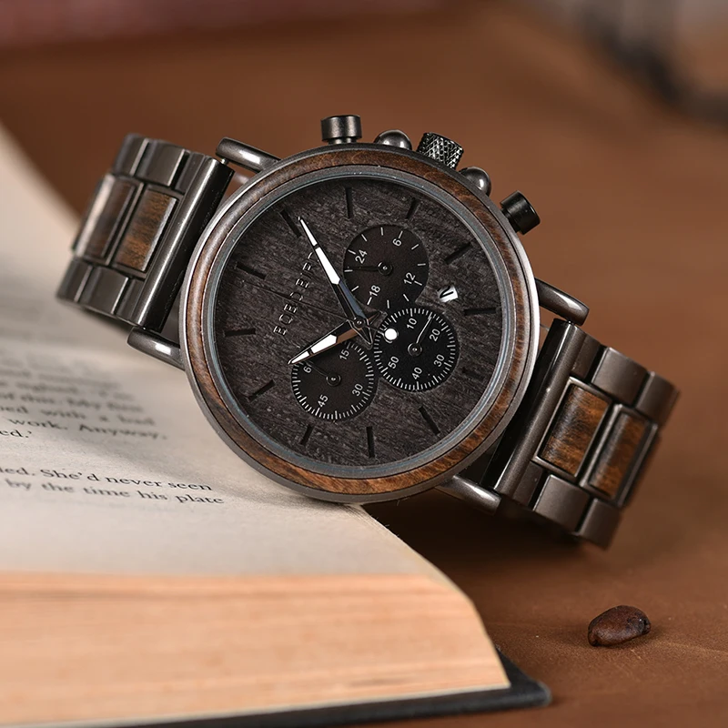 BOBOBIRD Luxury Business Watch Men Wooden Stopwatch Date Display Chronograph Wrist watches relogio masculino Ship From USA 3