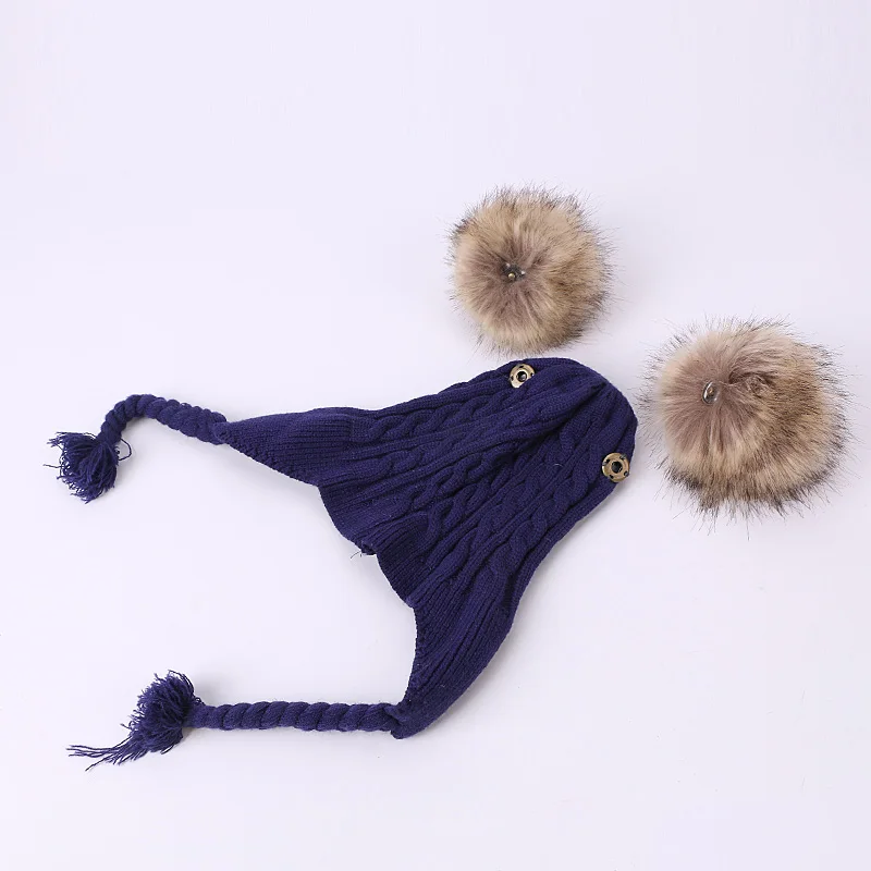 Children Kids Caps PomPon Hat Beanies Faux Fur ball Winter Warm Knitted Skullies Hats Pure Colour Striped Cap Beautiful lovely