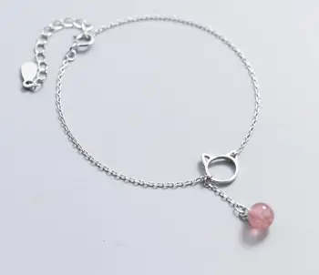 

Real. 100% 925 Sterling Silver Fine Jewelry Open Cat Kitten Rose Strawberry Quartz Stone chain Bracelet LS759