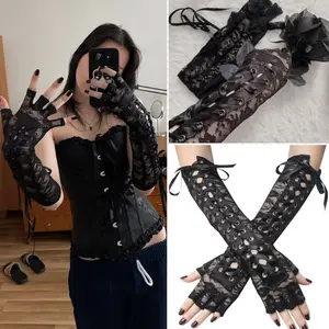 Calentadores de brazos sin dedos para mujer, Sexy hasta el codo, Punk, gótico, negro, accesorios de Cosplay, guantes de malla de rejilla para fiesta