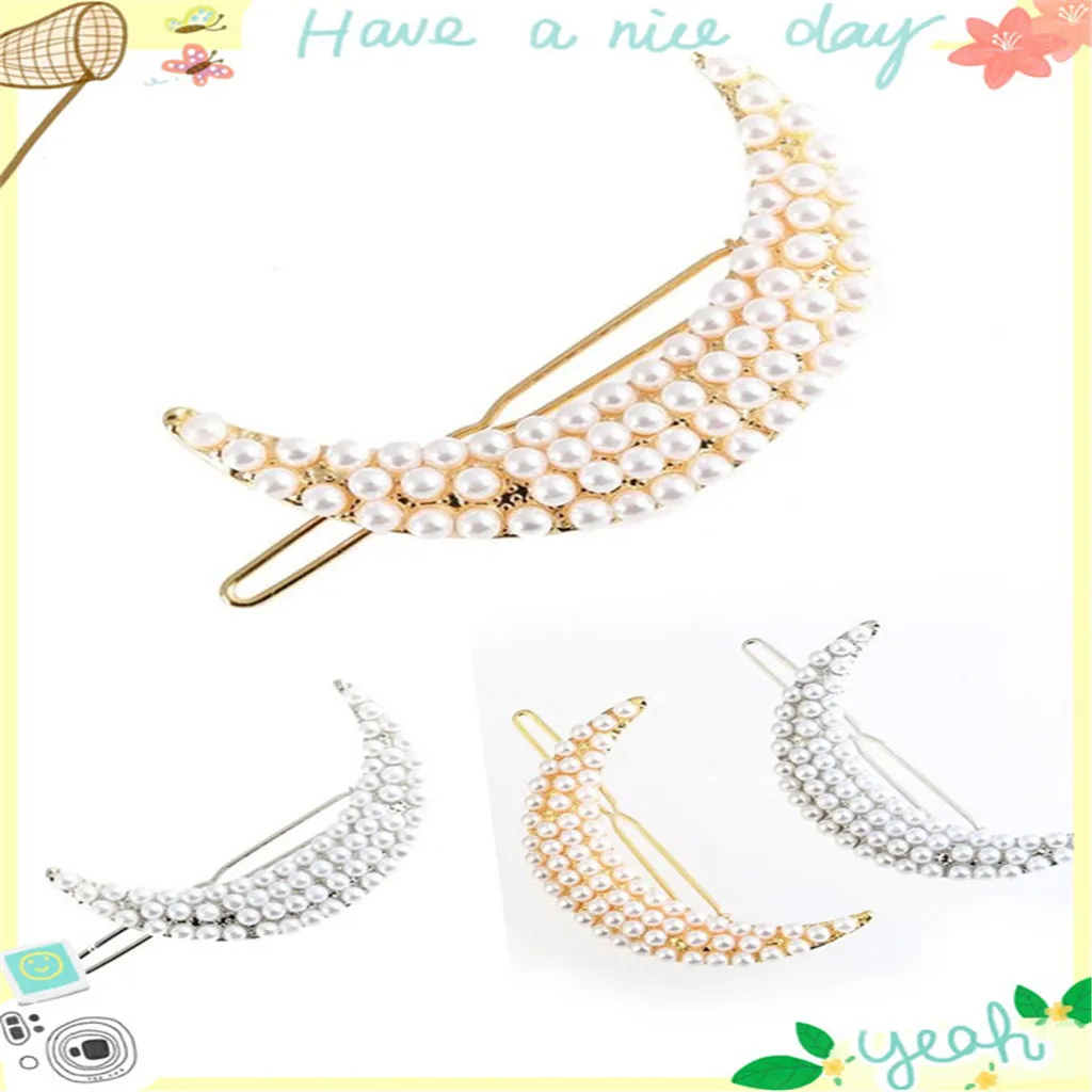 2Pieces Women Ladies Charm Moon Shape Hairpin Pearls Hairclip Headwear
