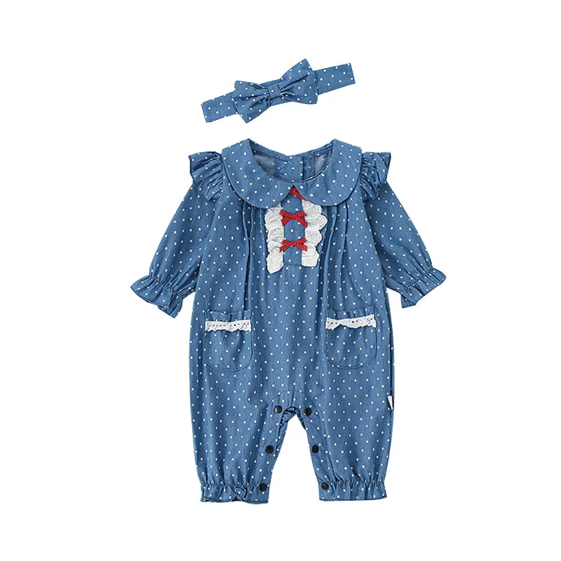 

Newborn Autumn Peter Pan Collar Dot Print Baby Girls Romper Long Sleeves Infant Jumpsuit with Hairband 0-2Y