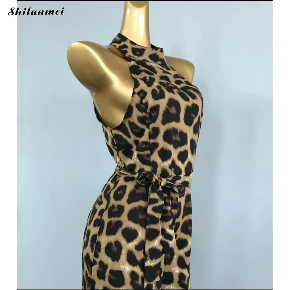 

2019 Leopard Jumpsuits Women Halter Sleeveless Sexy Female Overalls For Women Front Slit Sexy Romper Leopard Wide Leg Jumpsuits