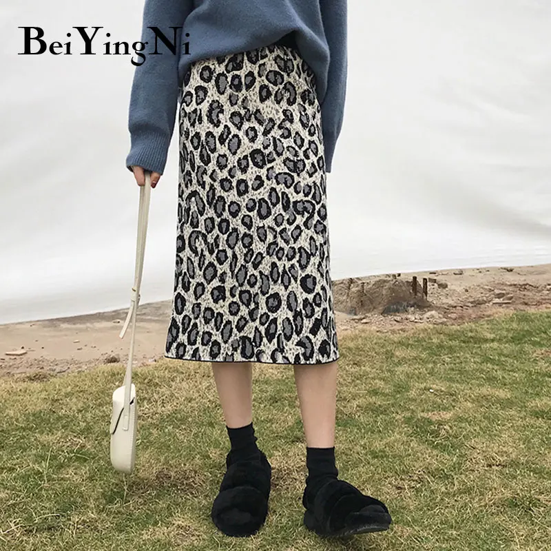Beiyingni, винтажная леопардовая юбка-карандаш, для женщин, тонкая, высокая талия, повседневные, модные, миди юбки, для девушек, осень, посылка, в стиле хип-хоп, сексуальная, Kpop Saia - Цвет: Серый