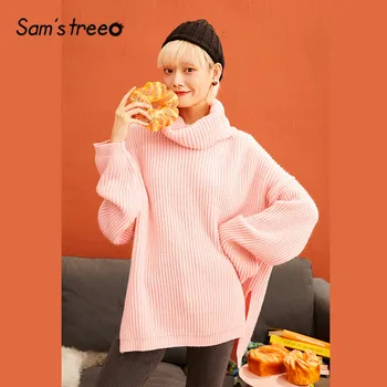 

SAM'S TREE Pink Solid Minimalist Style Pullover Sweater Women 2019 Winter Drop Shoulder Sleeve Knitted Office Ladies Sweaters